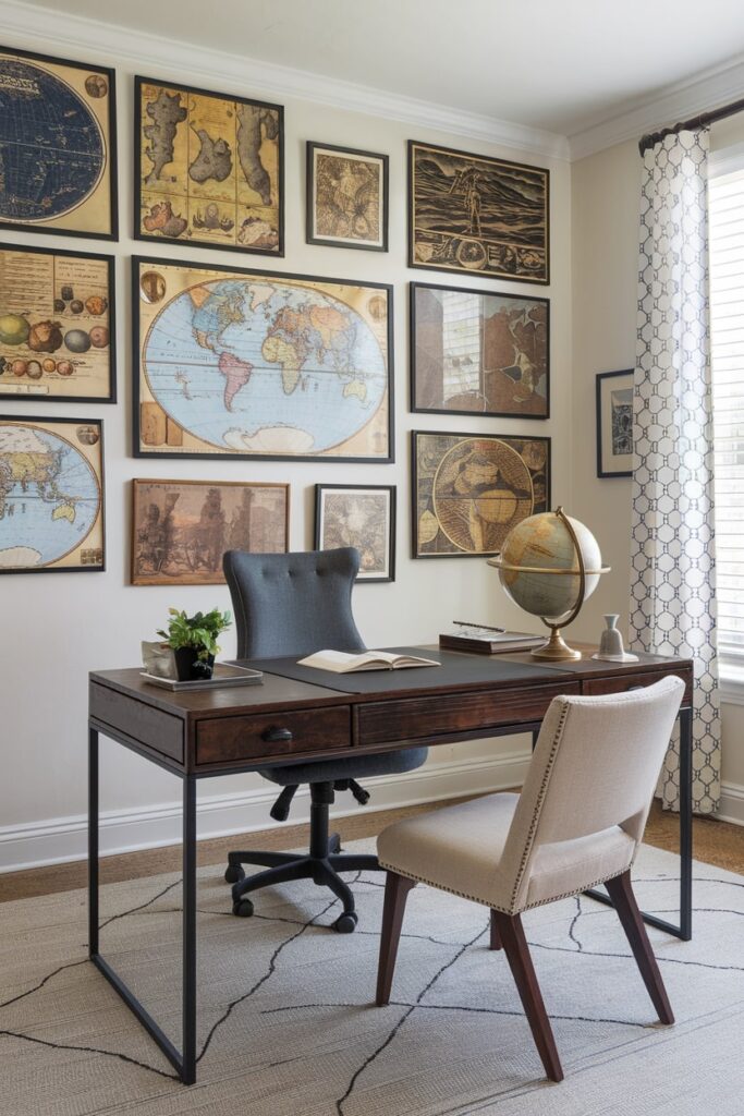 elegantly designed home office with vintage maps and globes