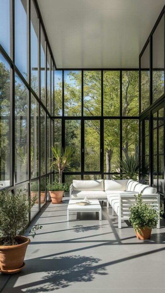 enclosed back porch tall windows, white couch, gray flooring