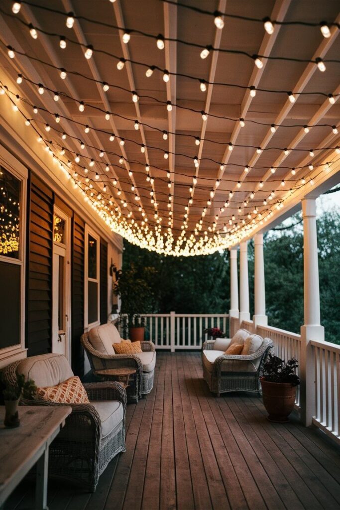 evening back porch adorned with string light canopy