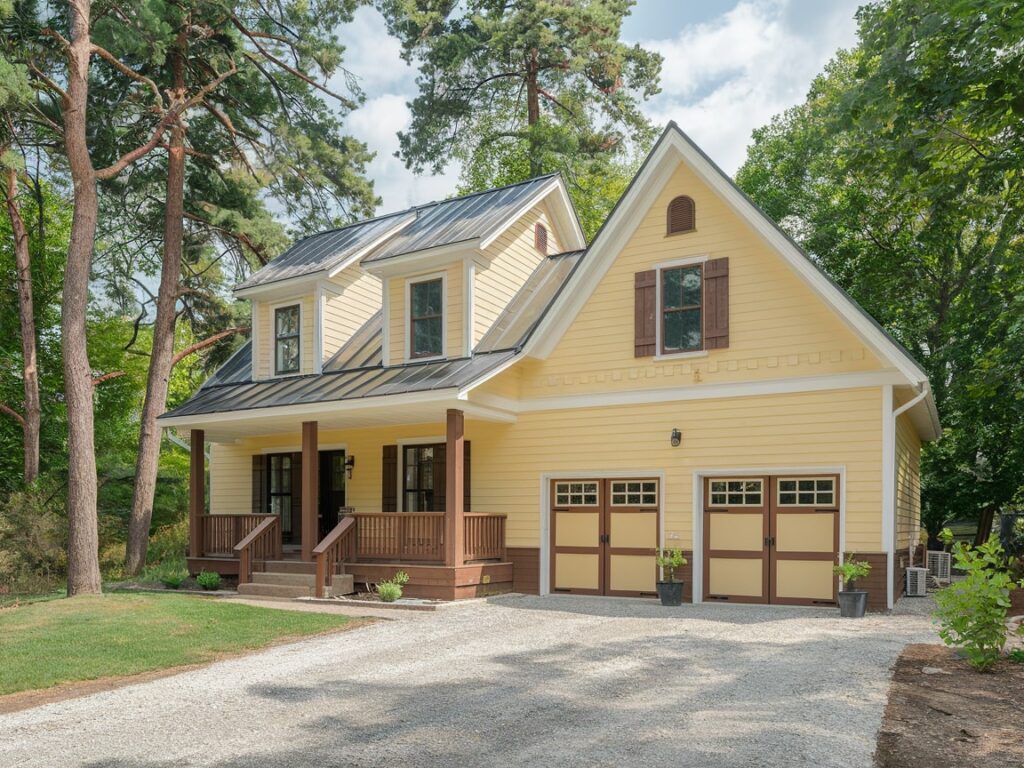 exterior of yellow house with garage with brown elements, brown porch beams, windows, shutters