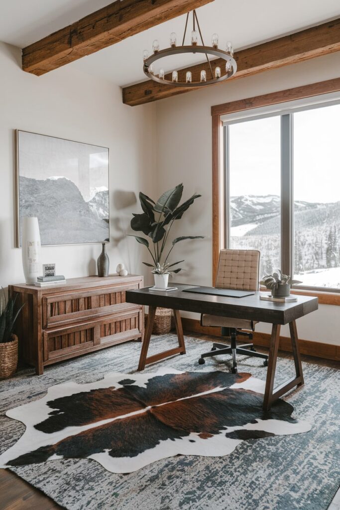 faux cowhide rug in rustic home office