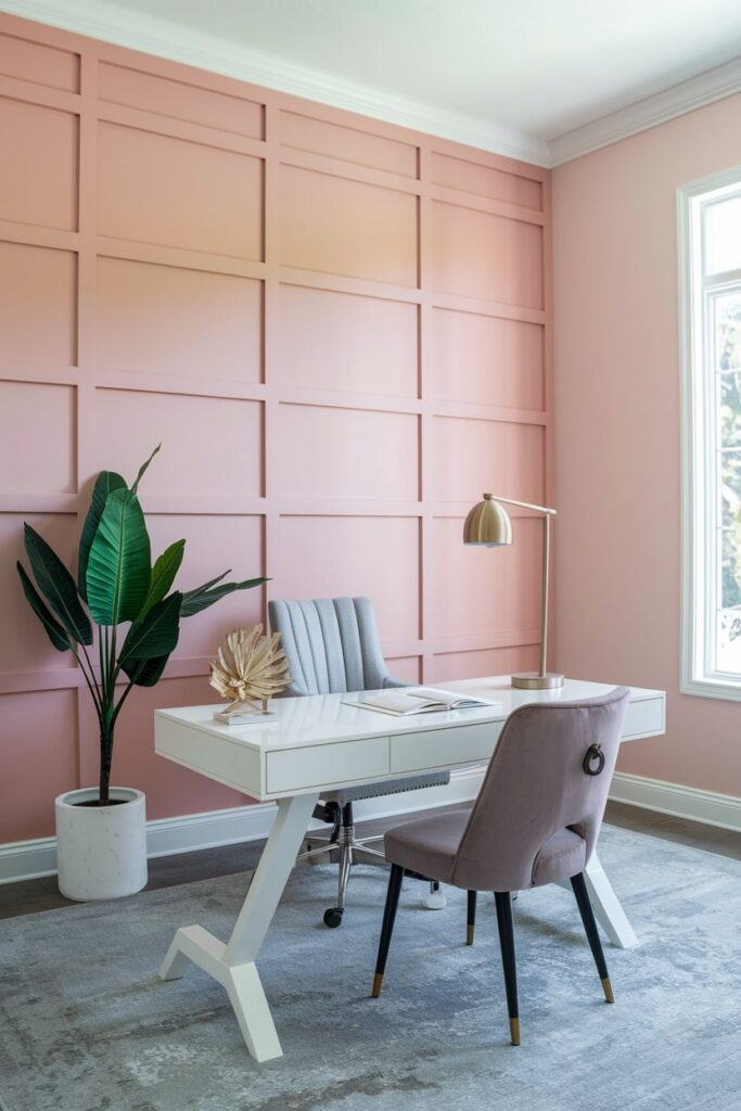 feminine home office with a blush pink accent wall and white desk