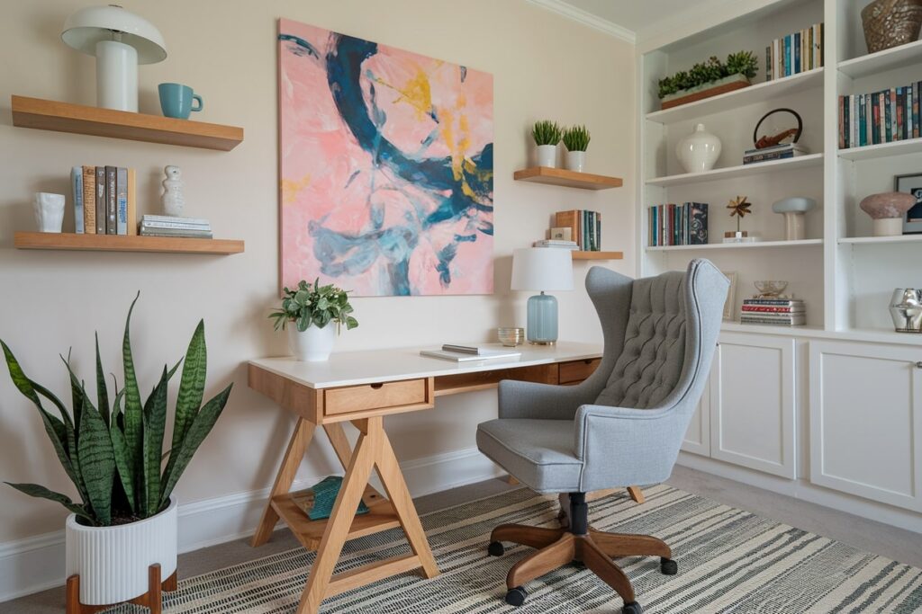 feminine home office with pink artwork, wooden desk, cozy chair, white built-ins