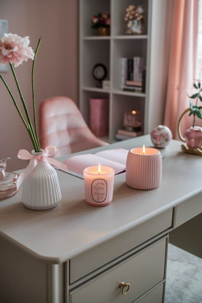 feminine home office with pink decorative scented candles