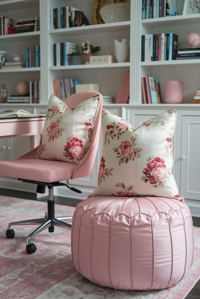 feminine home office with floral silk throw pillows