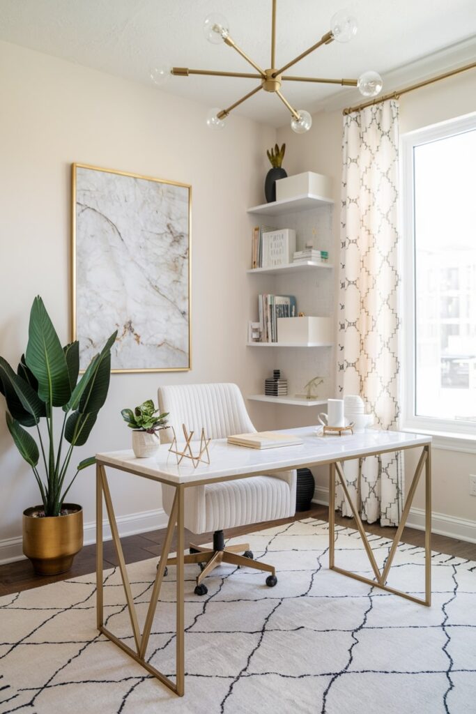 feminine home office with marble tabletop and wall decor, gold elements