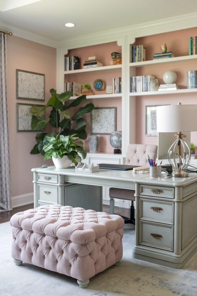 feminine home office with a pink tufted ottoman