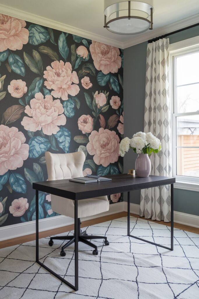 floral wallpaper with dark background in the home office