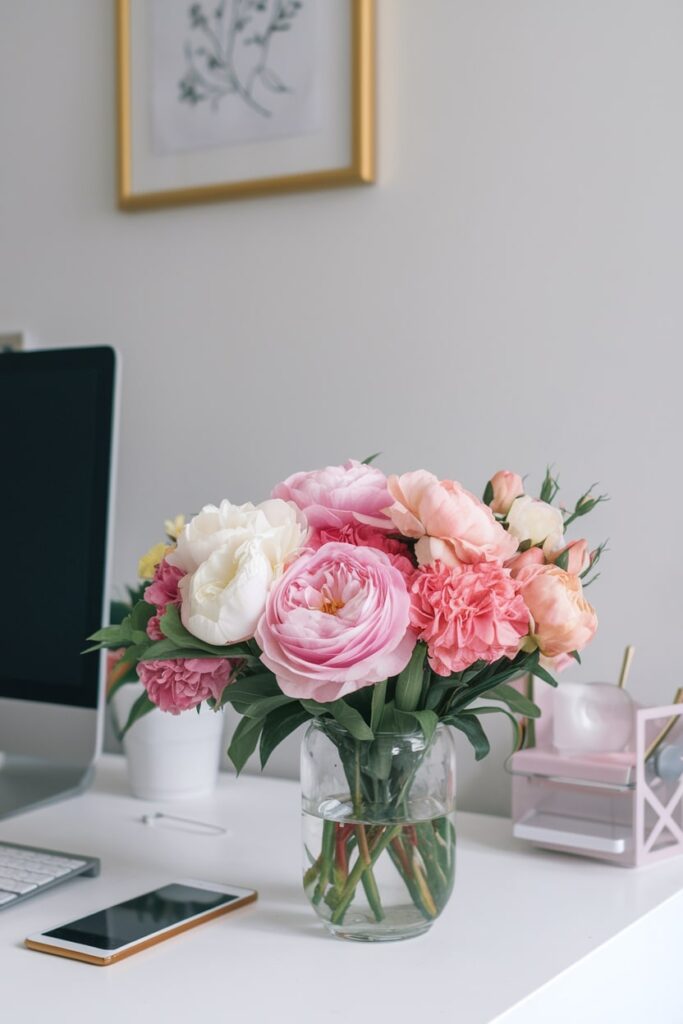 fresh flowers in the glass vase on the white desk in the home office