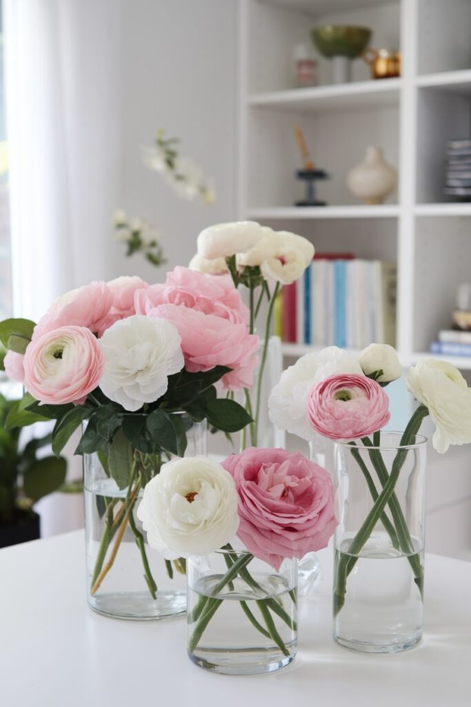 fresh pink flowers display in the white home office