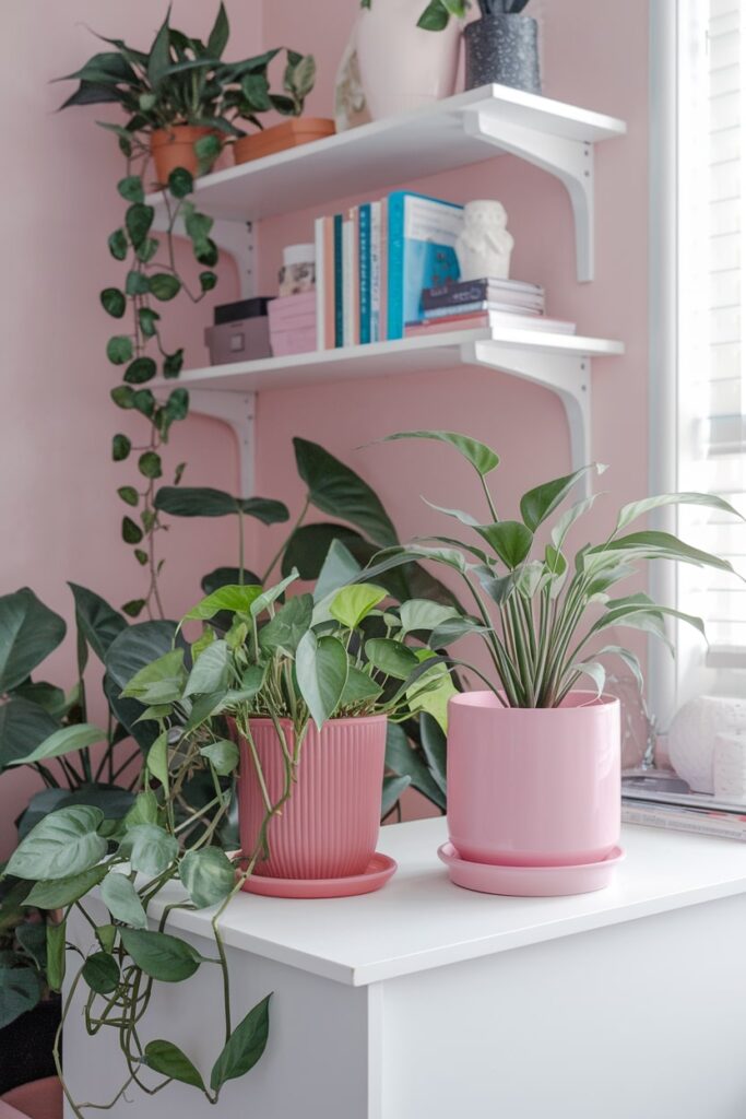 fresh plants in the pink pots in the feminine home office