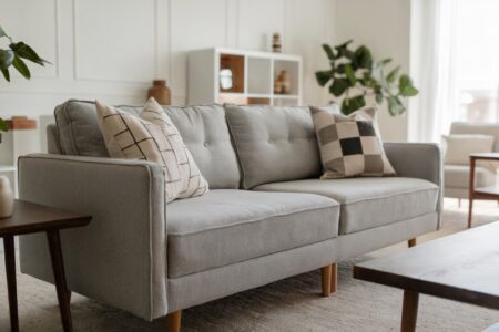 gray color couch in a modern white living room