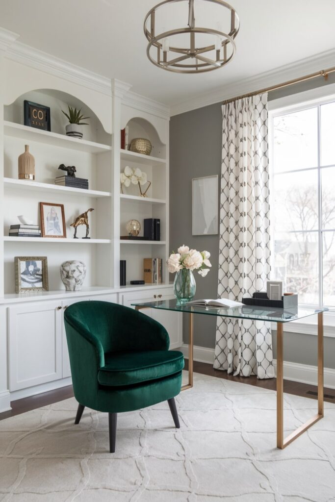 green velvet accent chair in the home office, white built-ins, glass desk