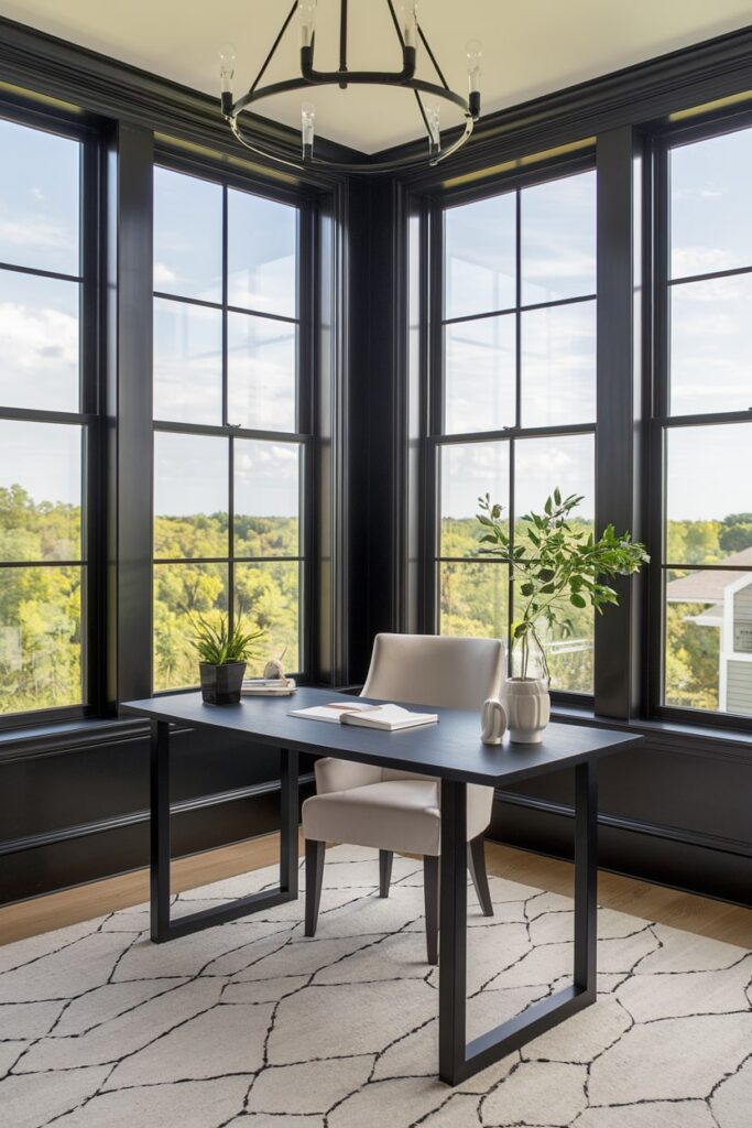 home office black window frames and table, white chair