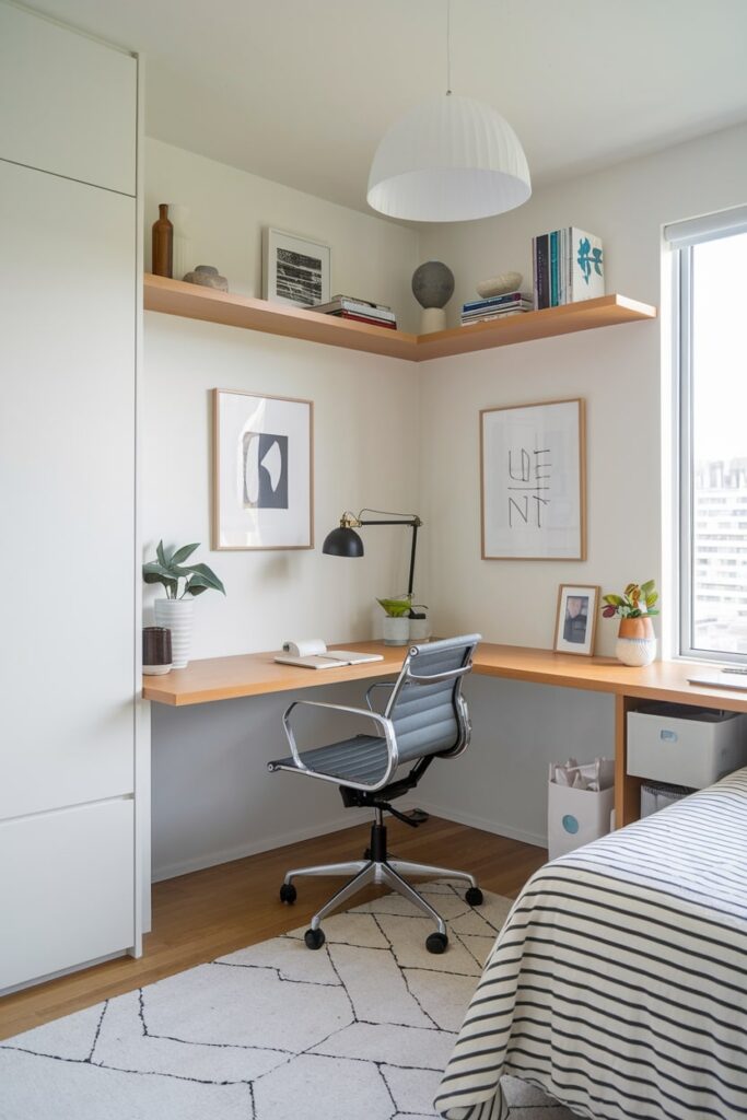 home office guest room corner workspace, striped bed