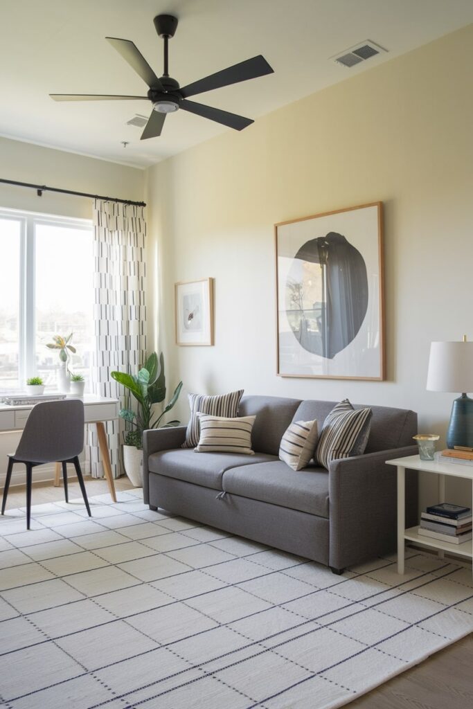 home office guest room with modern gray convertible sofa