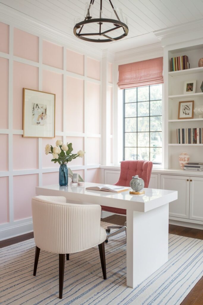 home office or study room, pink wall with white board and batten, white desk and built-ins