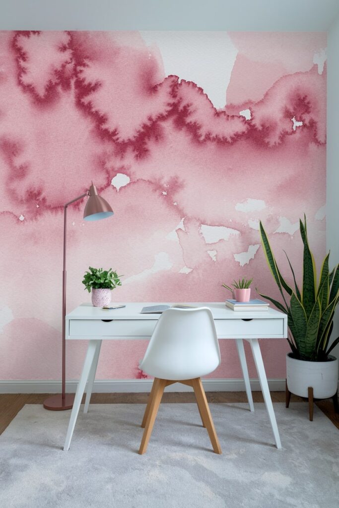 home office with pink and white watercolor wall mural, white desk and chair, pink floor lamp