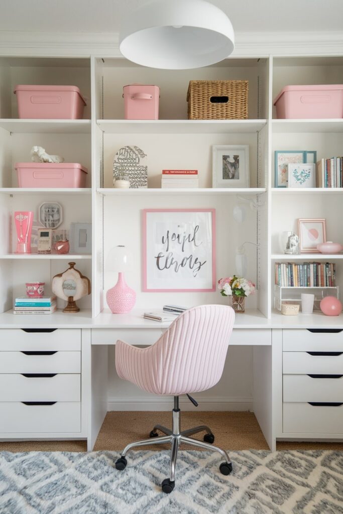 home office with pink chair and decor, white shelving and lighting