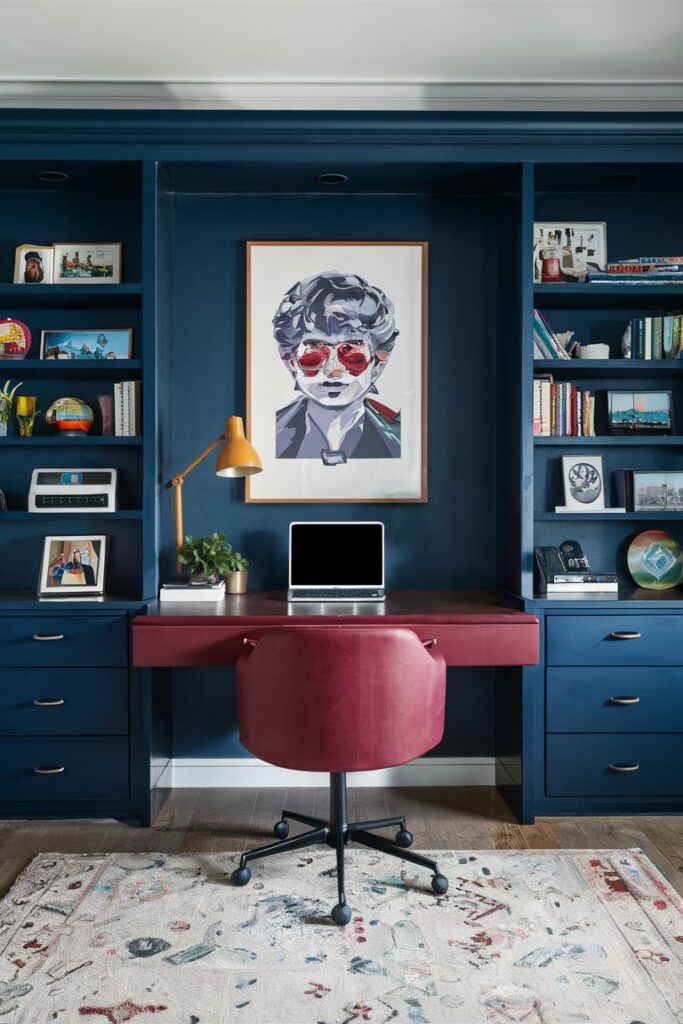 home office setup in navy blue and maroon colors