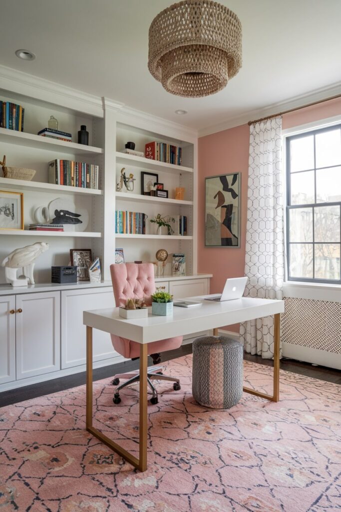 home office space with pink patterned area rug, white built-ins and white desk