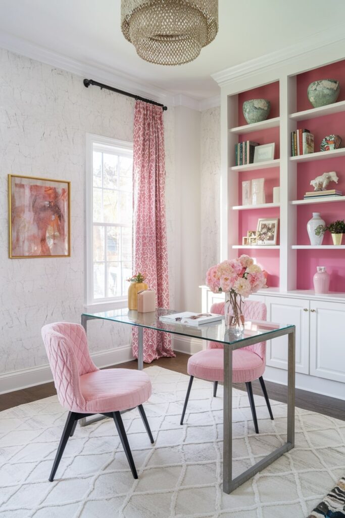 home office with textured white wallpaper, pink chairs and curtains