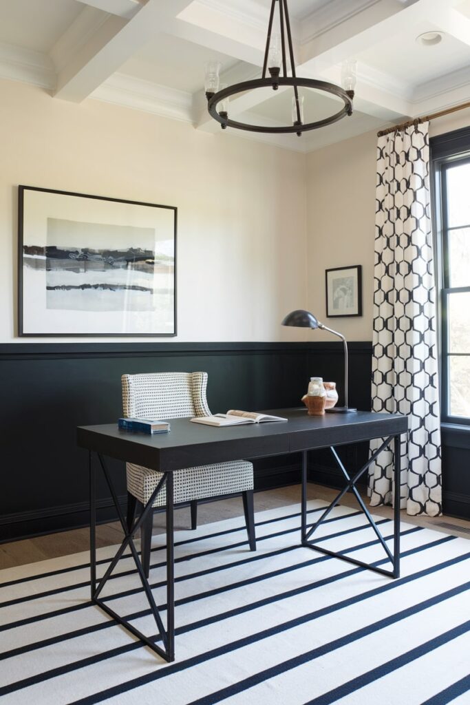 home office two-tone black and white wall paint treatment, black desk