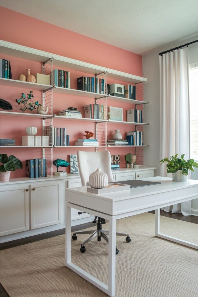 home office with a blush pink accent wall and white furniture