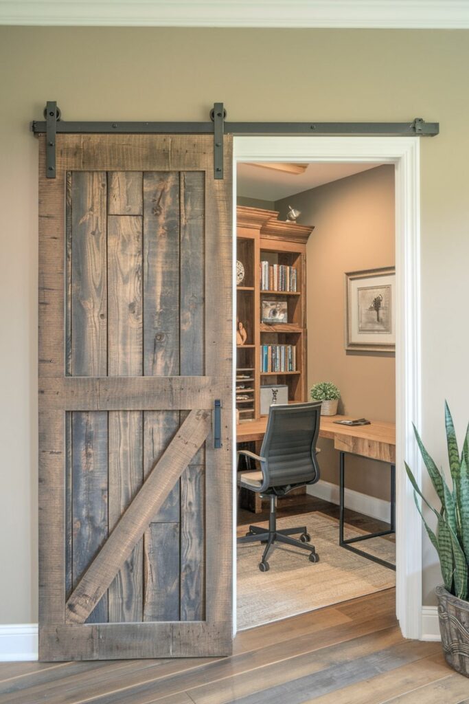 home office with a sliding rustic wooden barn door