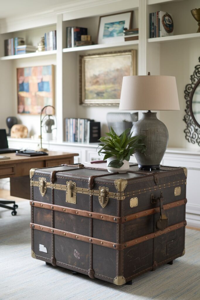 home office with a vintage trunk storage