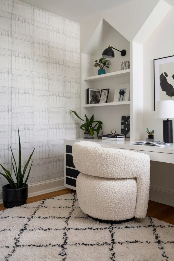 home office with a white textural chair and black decor