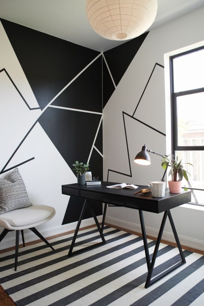 home office with black and white geometric wall decals, black desk, striped area rug