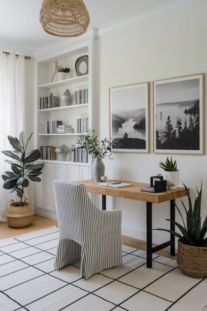 neutral home office with black and white nature photography, white walls and shelving, striped chair cover