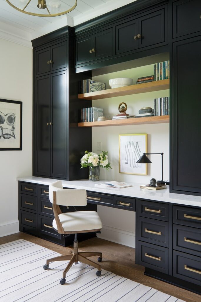 home office with black built-ins, white tabletop and chair