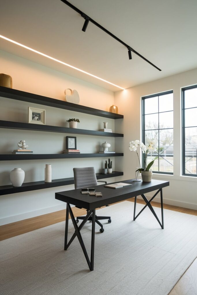 minimalist home office with black linear lighting, black floating shelves and desk, white walls