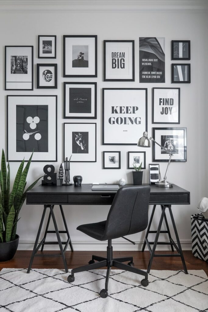 home office with black and white monochromatic gallery wall with posters and photos