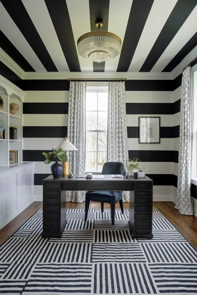 home office with black and white striped ceiling and walls, crystal chandelier, dark table