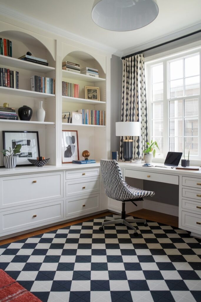 home office with chess area rug white and black squares, white built-ins