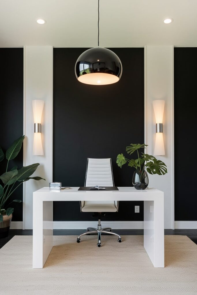 home office with contrast black and white lighting, glossy black pendant, white sconces