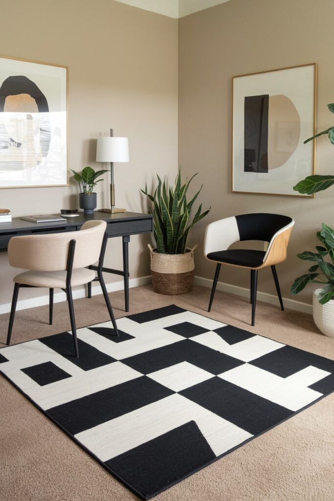 home office with geometric black and white rug