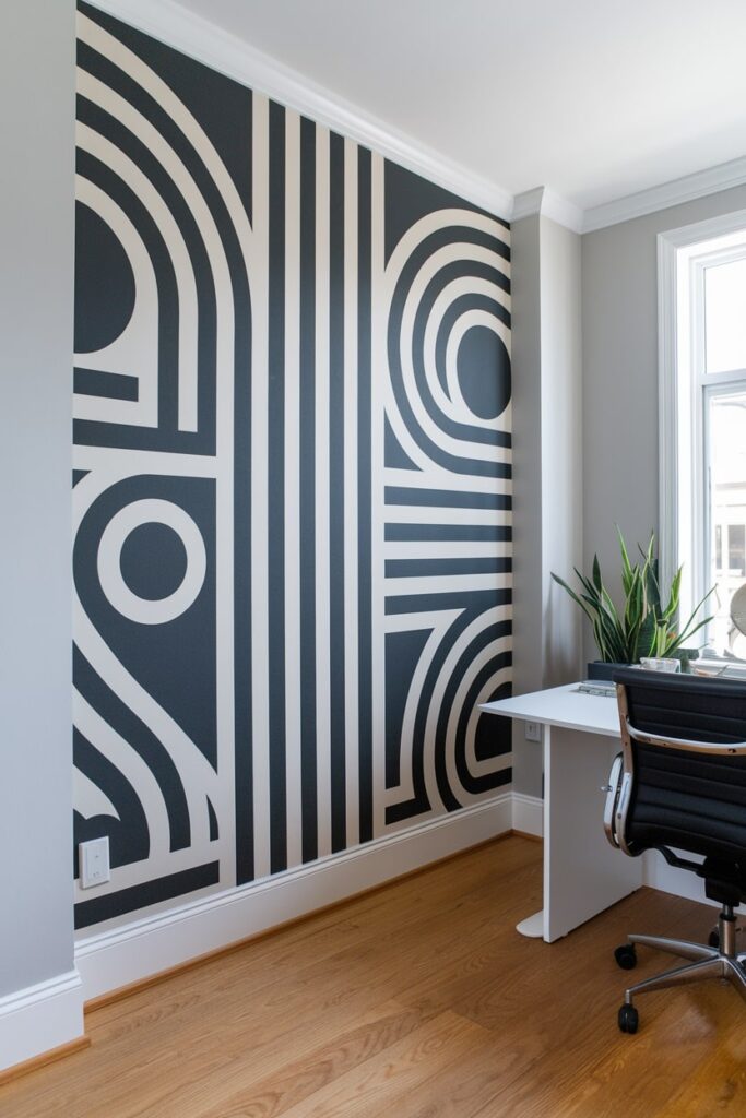 home office with geometric black and white wallpaper