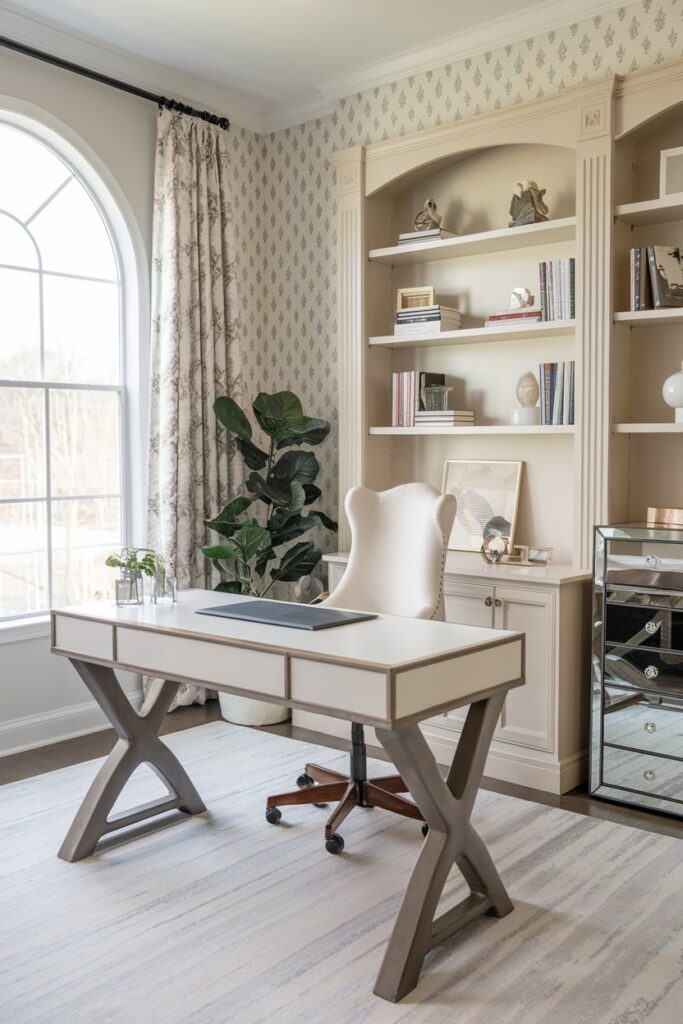 home office with mirrored filling cabinets