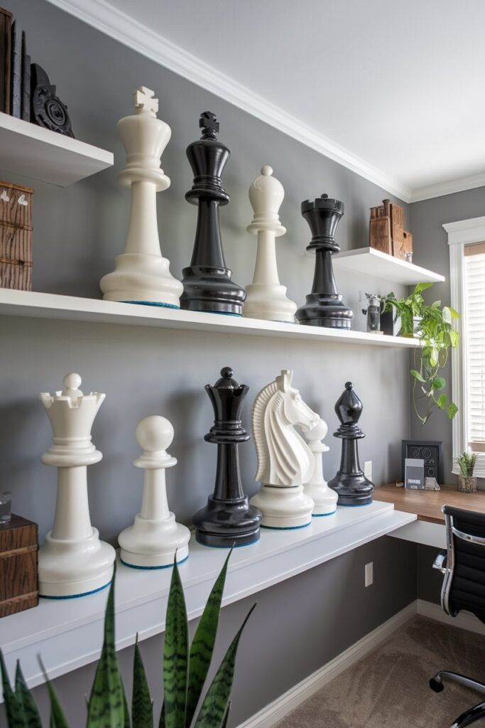 home office with oversized chess decor on the white shelves