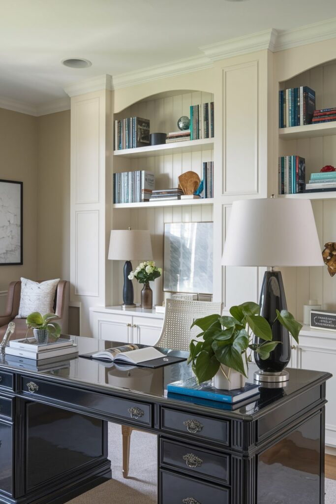 home office with painted black table and table lamp, crisp white shelving