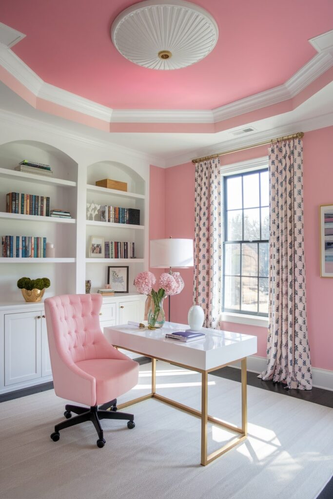 home office with pink ceiling, white desk and built-ins