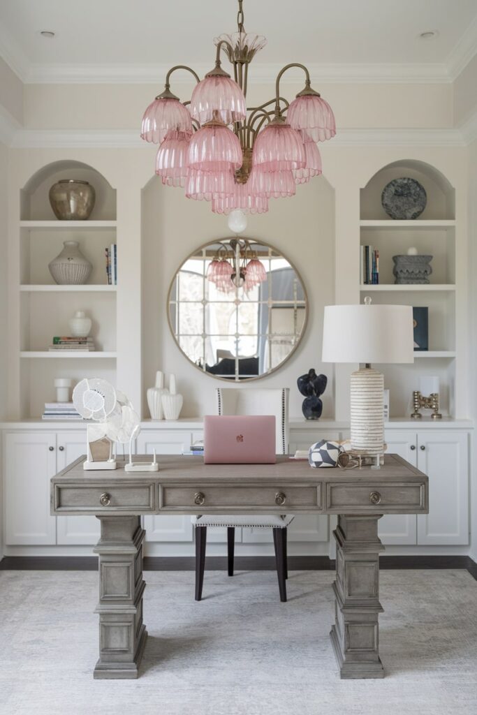 home office with pink statement lighting and crisp white shelving