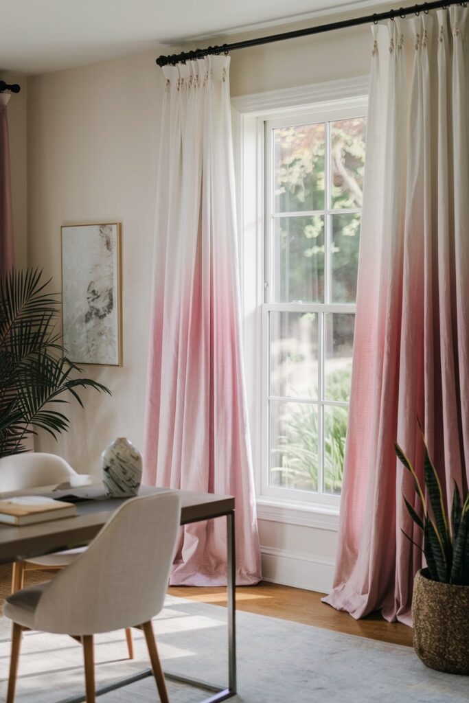 home office with pink and white ombre curtains