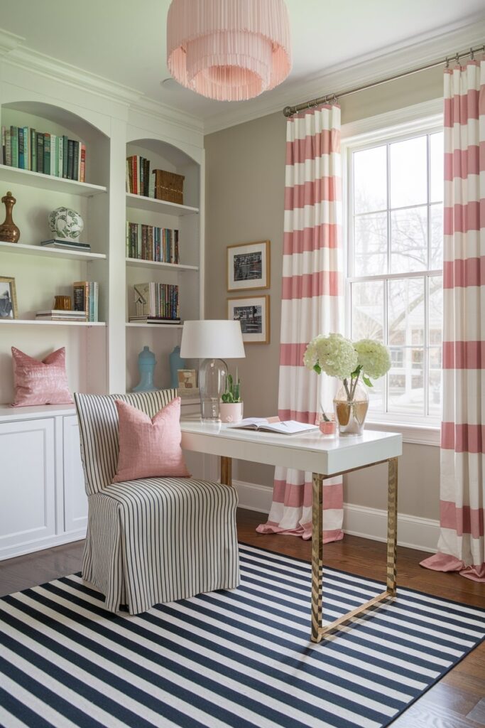 home office with pink and white striped elements, black and white area rug