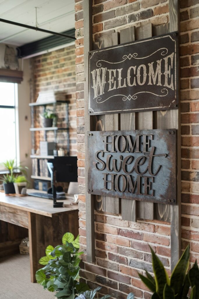 home office with rustic metal signs on the brick wall