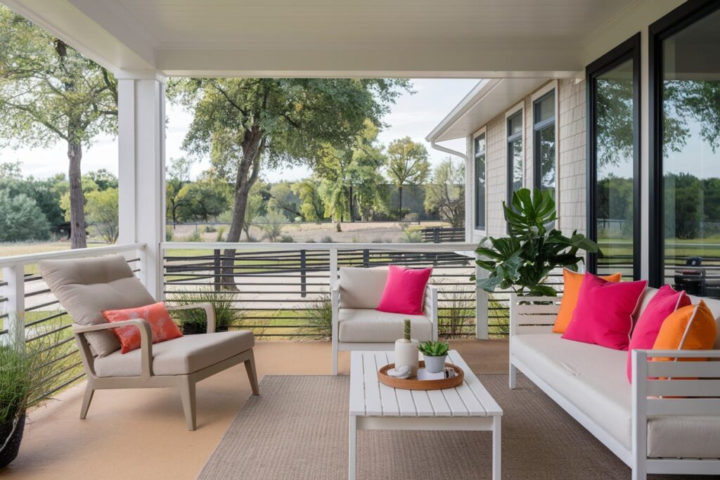 light back porch idea, white furniture, pink pillows, orange pillows